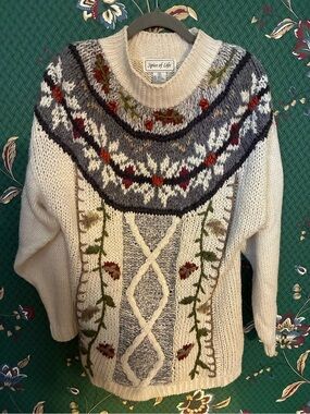 Spice of Life Cream Floral Fair Isle Cable Knit Pullover